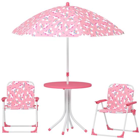 Ensemble table et chaises de jardin pour enfants 4 pièces, chaises pliantes, parasol amovible, motif licorne rose - Image 2