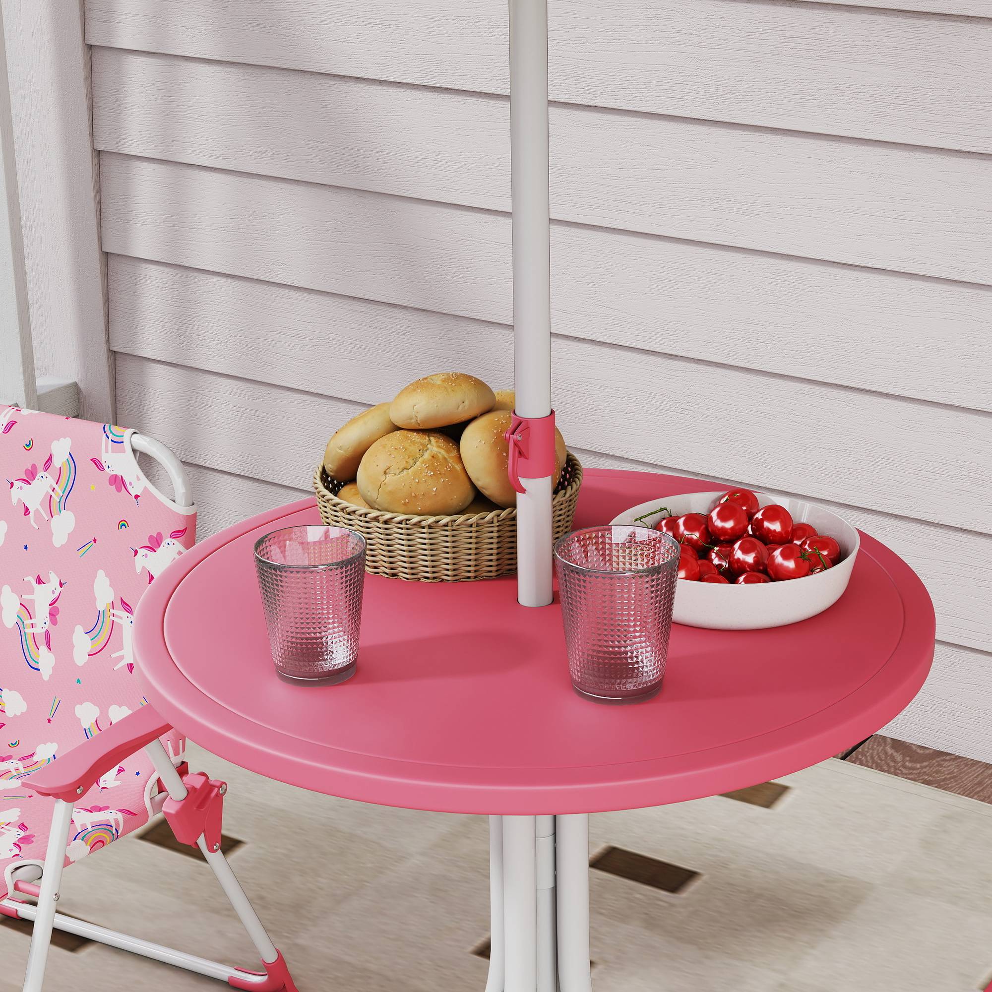 Ensemble table et chaises de jardin pour enfants 4 pièces, chaises pliantes, parasol amovible, motif licorne rose - Image 10