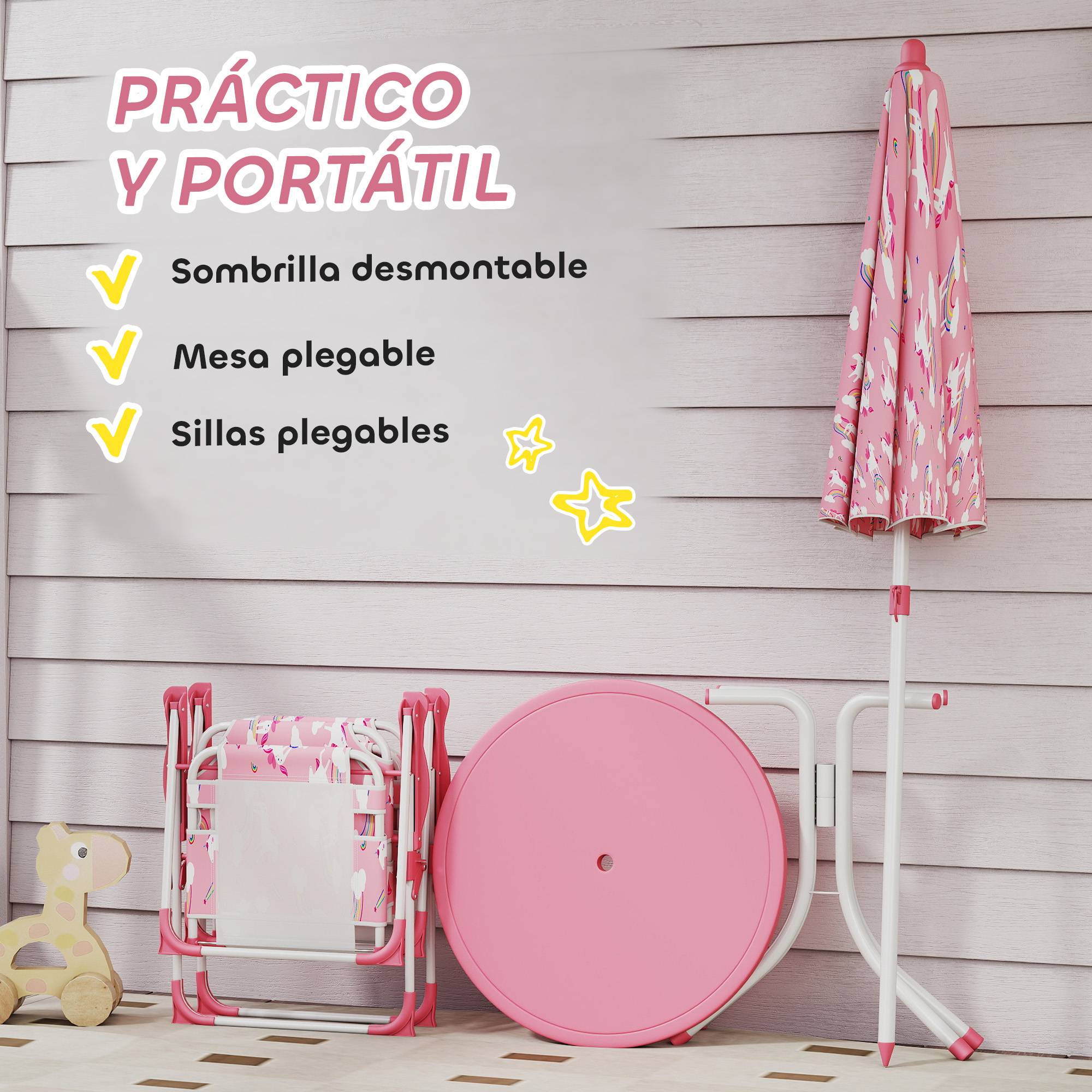 Ensemble table et chaises de jardin pour enfants 4 pièces, chaises pliantes, parasol amovible, motif licorne rose - Image 7