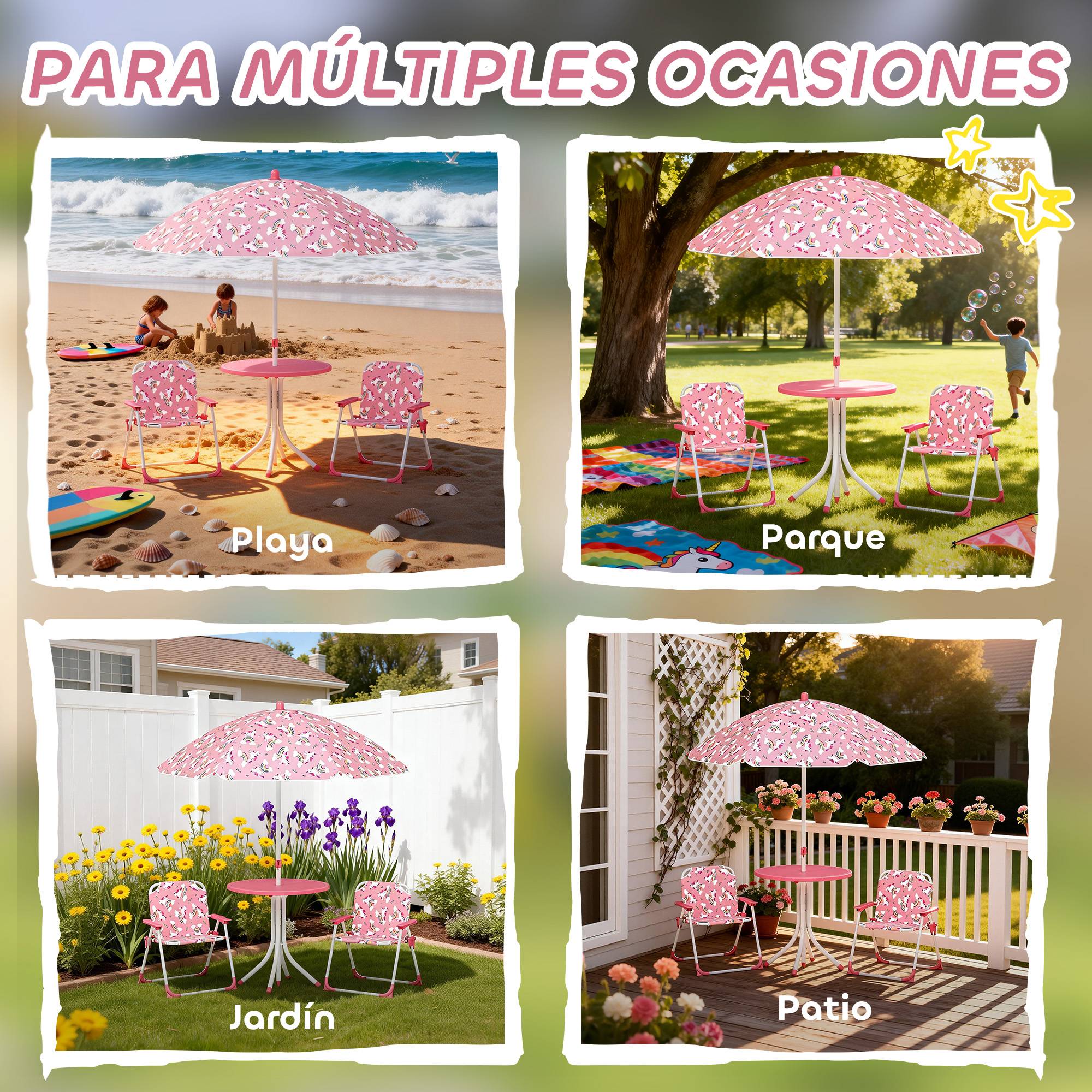 Ensemble table et chaises de jardin pour enfants 4 pièces, chaises pliantes, parasol amovible, motif licorne rose - Image 9