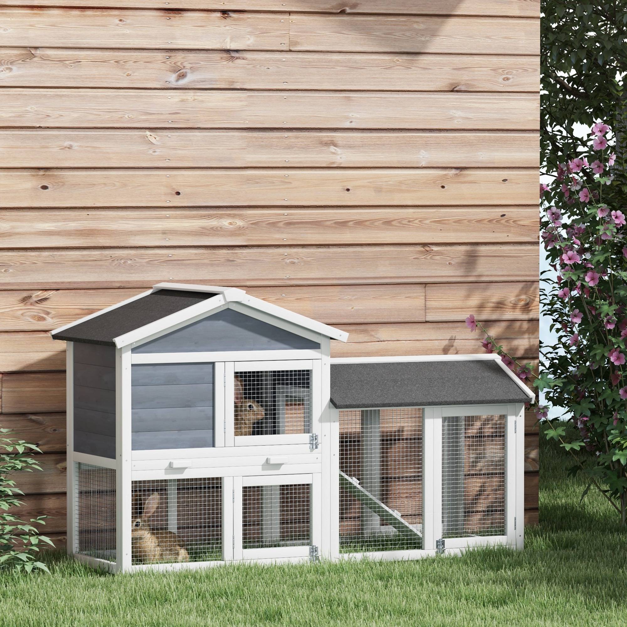 Cage petits animaux avec aire liberté, sapin, 147 x 54 x 84 cm, gris - Image 4