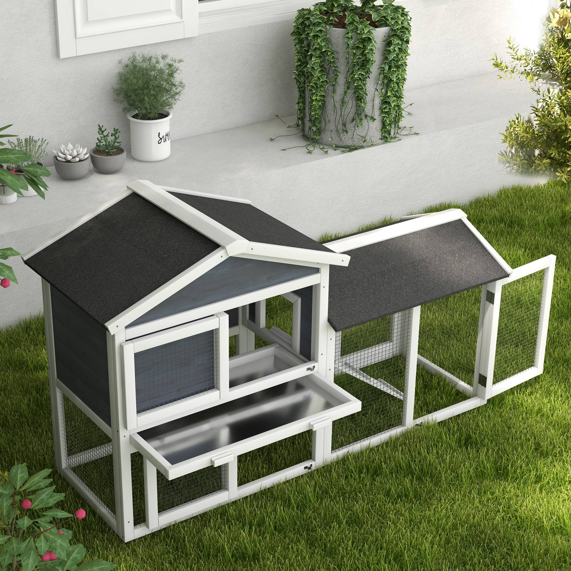 Cage petits animaux avec aire liberté, sapin, 147 x 54 x 84 cm, gris - Image 10