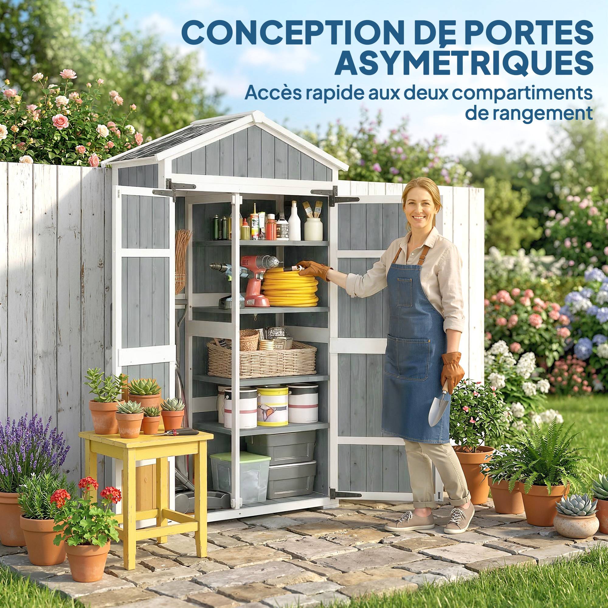 Sans Marque - Armoire de Jardin Abri de Jardin Étanche avec Toit en Métal Double Porte pour Outils de Jardinage 105x55x179cm Gris - Image 6