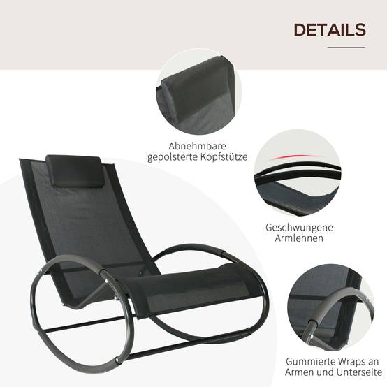 Fauteuil à Bascule Acier Textilène Extérieur Tétière Intégrée Résistant Noir Gris 105x62cm - ComfortXL Outdoor Living - Image 8