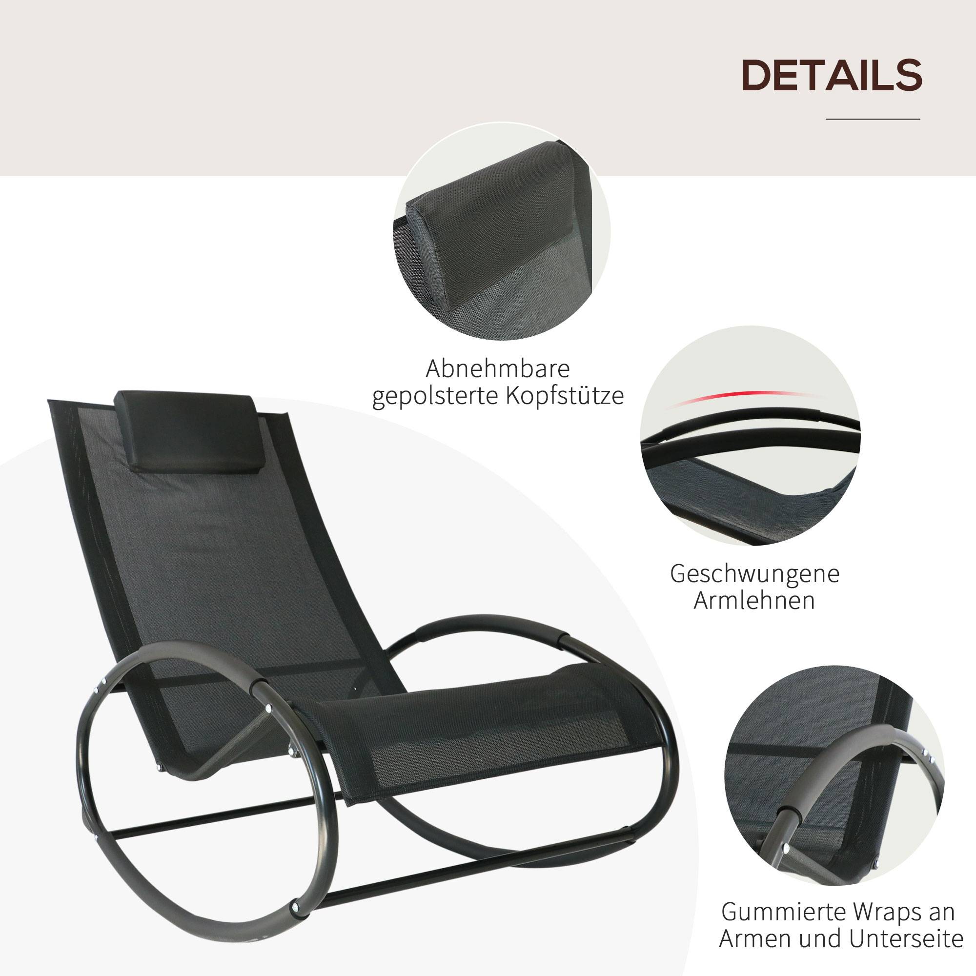 Fauteuil à Bascule Acier Textilène Extérieur Tétière Intégrée Résistant Noir Gris 105x62cm - ComfortXL Outdoor Living - Image 8