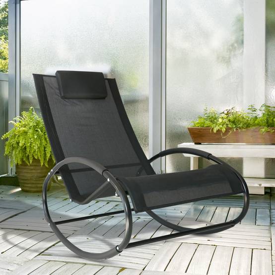 Fauteuil à Bascule Acier Textilène Extérieur Tétière Intégrée Résistant Noir Gris 105x62cm - ComfortXL Outdoor Living - Image 3