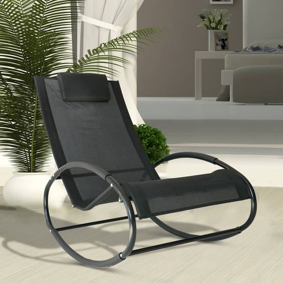 Fauteuil à Bascule Acier Textilène Extérieur Tétière Intégrée Résistant Noir Gris 105x62cm - ComfortXL Outdoor Living - Image 4