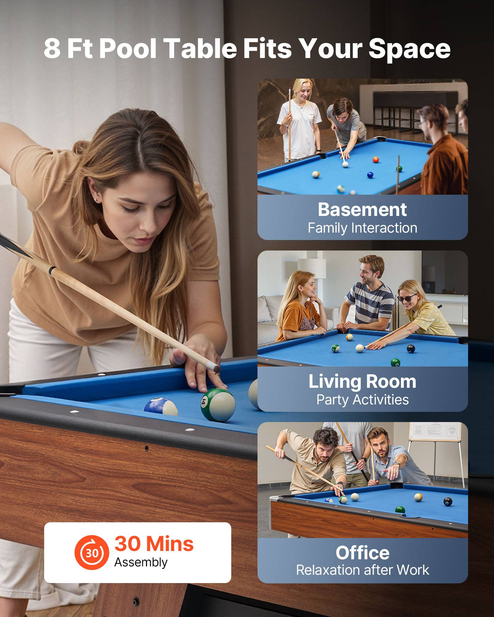 Vevor - VEVOR Table de billard 244 cm finition bois avec tissu bleu pour salle de jeux - Image 6