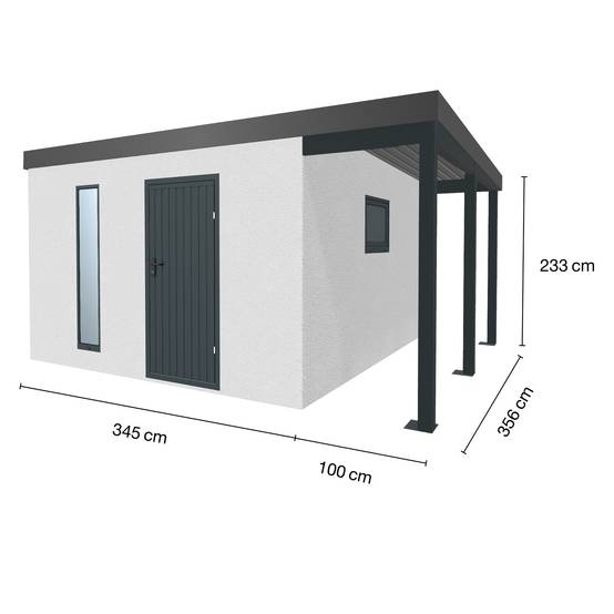 Abri de jardin en métal finition crépi 3450 x 3560 mm blanc avec auvent à droite 1000 x 3560 mm anthracite - Image 1