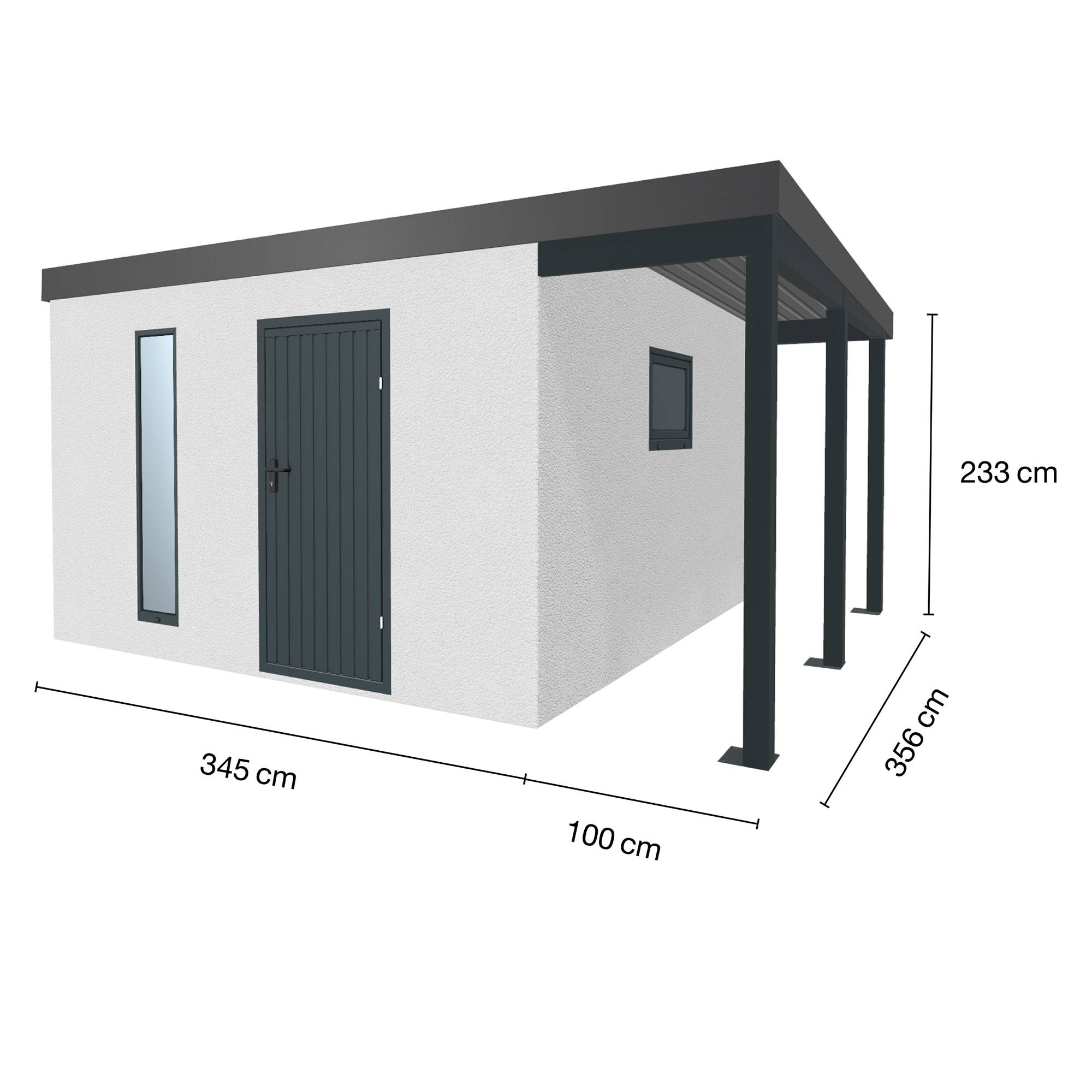 Abri de jardin en métal finition crépi 3450 x 3560 mm blanc avec auvent à droite 1000 x 3560 mm anthracite - Image 1