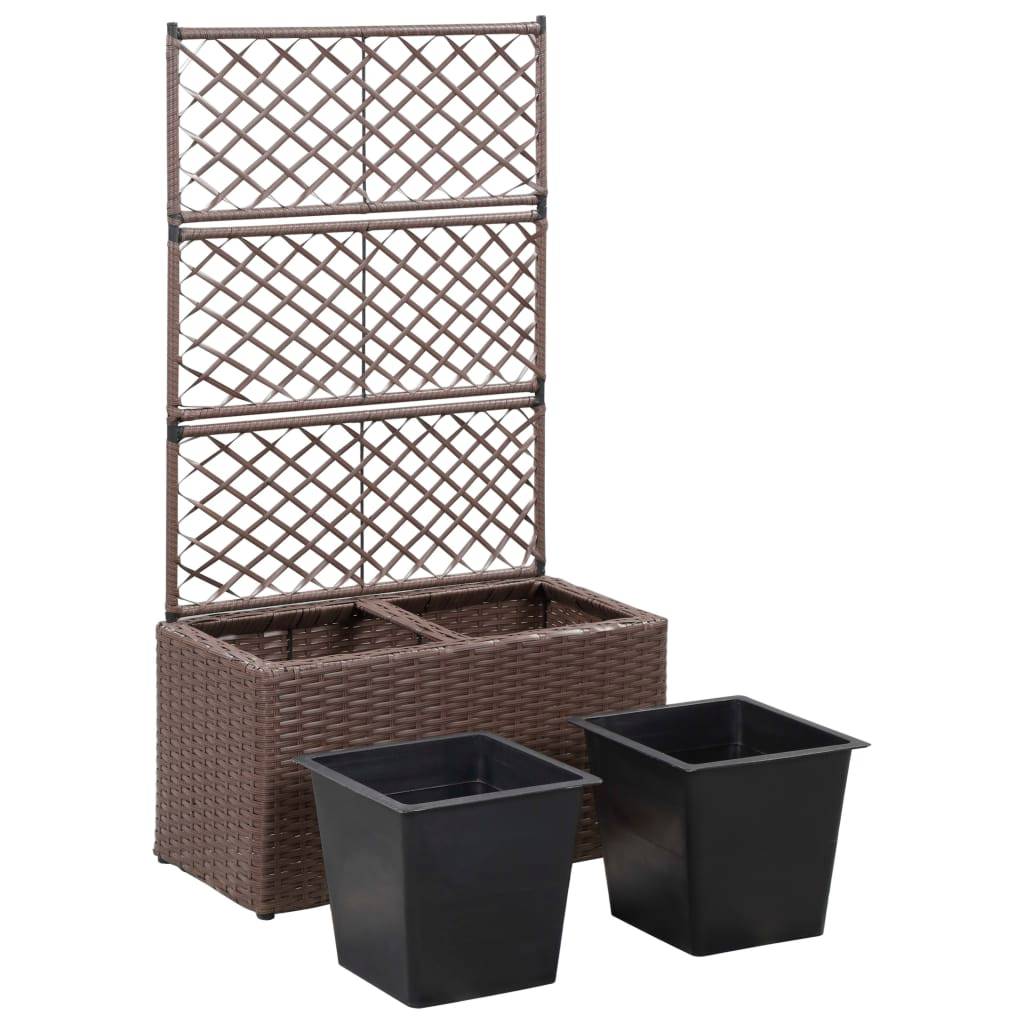 Jardinière lit surélevé plantes fleurs jardin treillis 2 pots 58 x 30 x 107cm résine tressée marron - Image 4