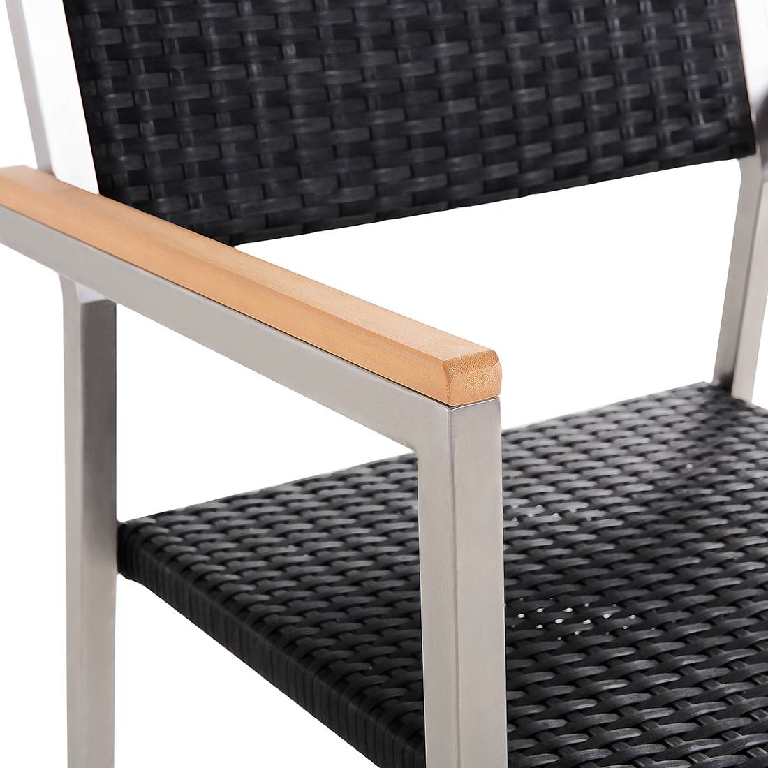Salon de Jardin composé d'une Table 180 x 90 cm et de 6 Chaises en Acier Inox, Rotin Noir et Verre Effet Brisé au Design Moderne - Image 5
