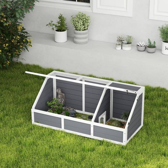 Maison enclos cage pour petit animal tortue en bois avec couvercle ouvrable, loquets, 2 espaces distincts, gris - Image 4