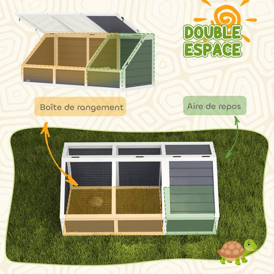 Maison enclos cage pour petit animal tortue en bois avec couvercle ouvrable, loquets, 2 espaces distincts, gris - Image 8