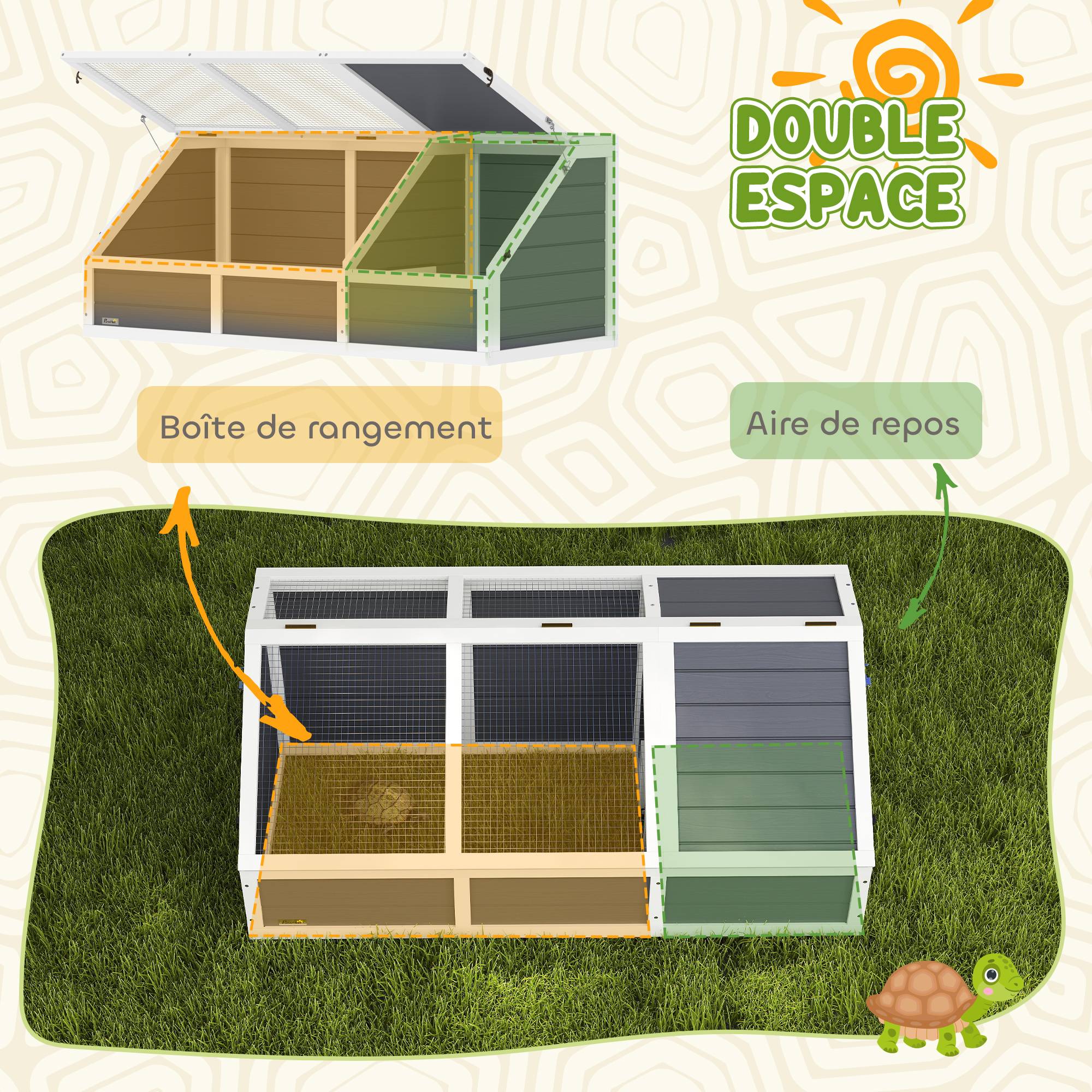 Maison enclos cage pour petit animal tortue en bois avec couvercle ouvrable, loquets, 2 espaces distincts, gris - Image 8