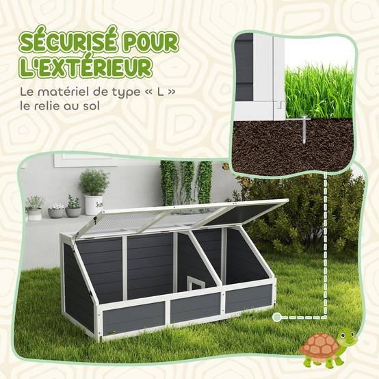Maison enclos cage pour petit animal tortue en bois avec couvercle ouvrable, loquets, 2 espaces distincts, gris - Image 6