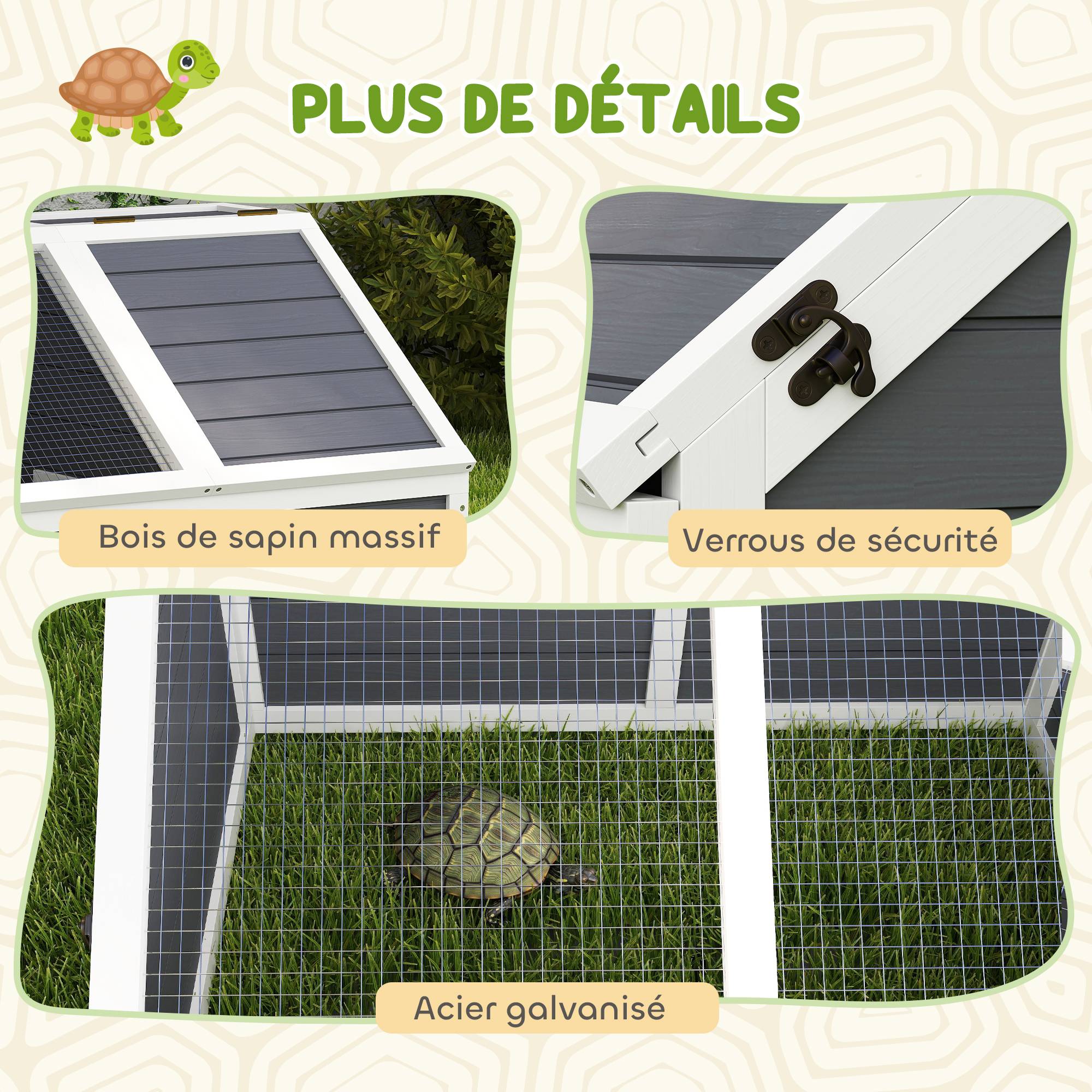 Maison enclos cage pour petit animal tortue en bois avec couvercle ouvrable, loquets, 2 espaces distincts, gris - Image 10