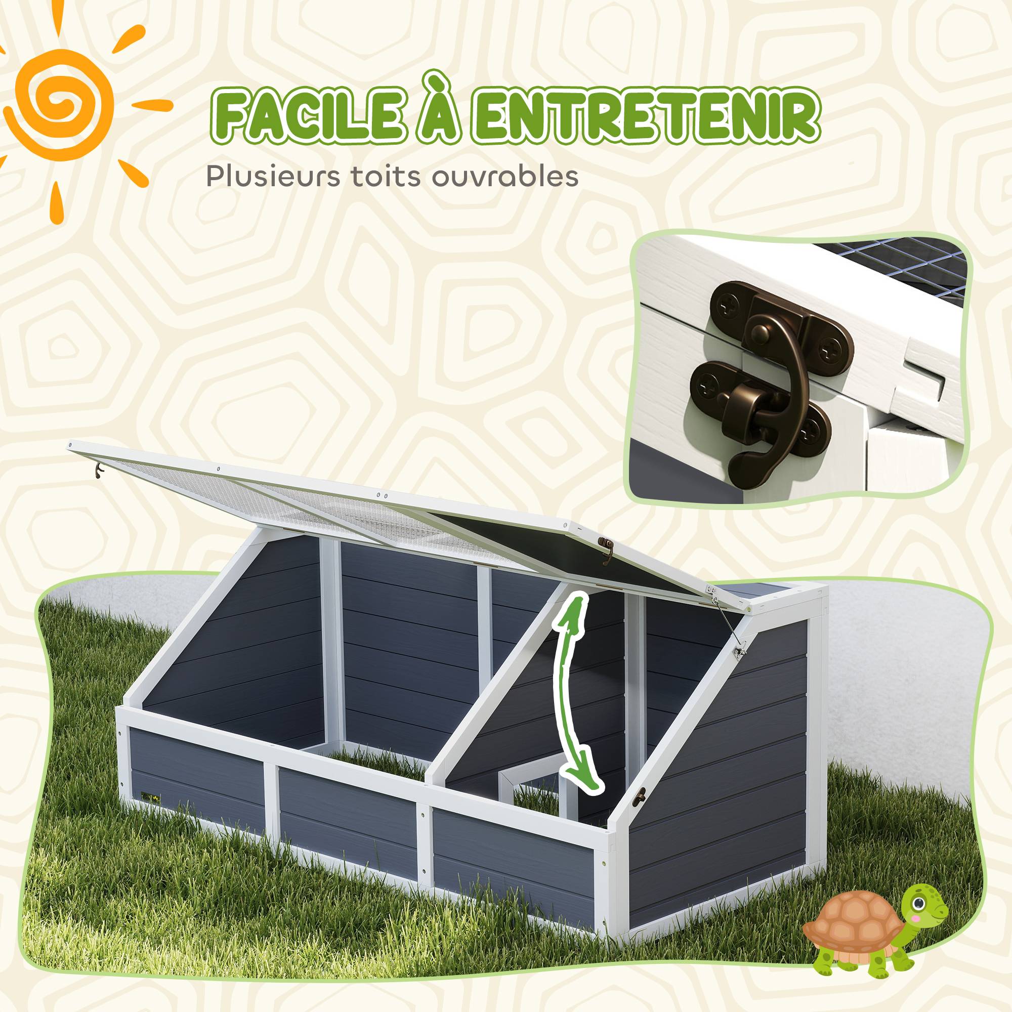 Maison enclos cage pour petit animal tortue en bois avec couvercle ouvrable, loquets, 2 espaces distincts, gris - Image 9