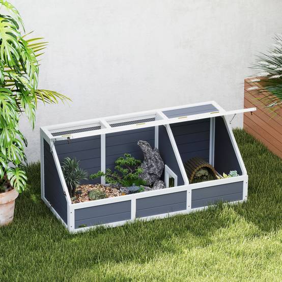 Maison enclos cage pour petit animal tortue en bois avec couvercle ouvrable, loquets, 2 espaces distincts, gris - Image 3