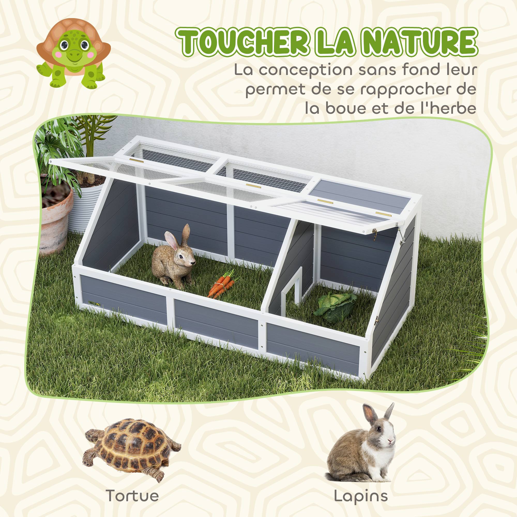 Maison enclos cage pour petit animal tortue en bois avec couvercle ouvrable, loquets, 2 espaces distincts, gris - Image 7
