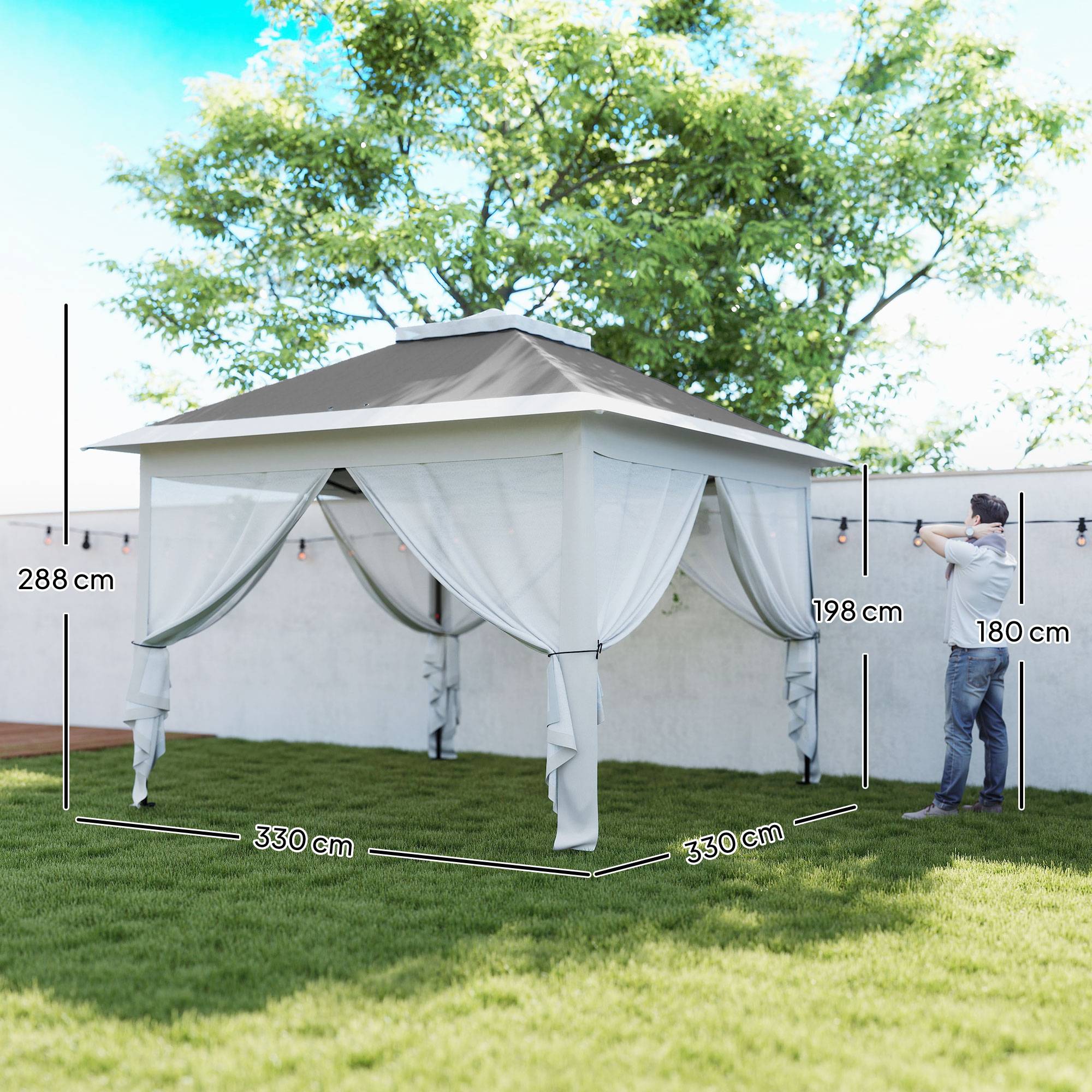 Tente grise anti-UV 3,3x3,3 m pop-up avec double toit et moustiquaires, abri design sobre pour extérieur pratique et protégé - Image 5