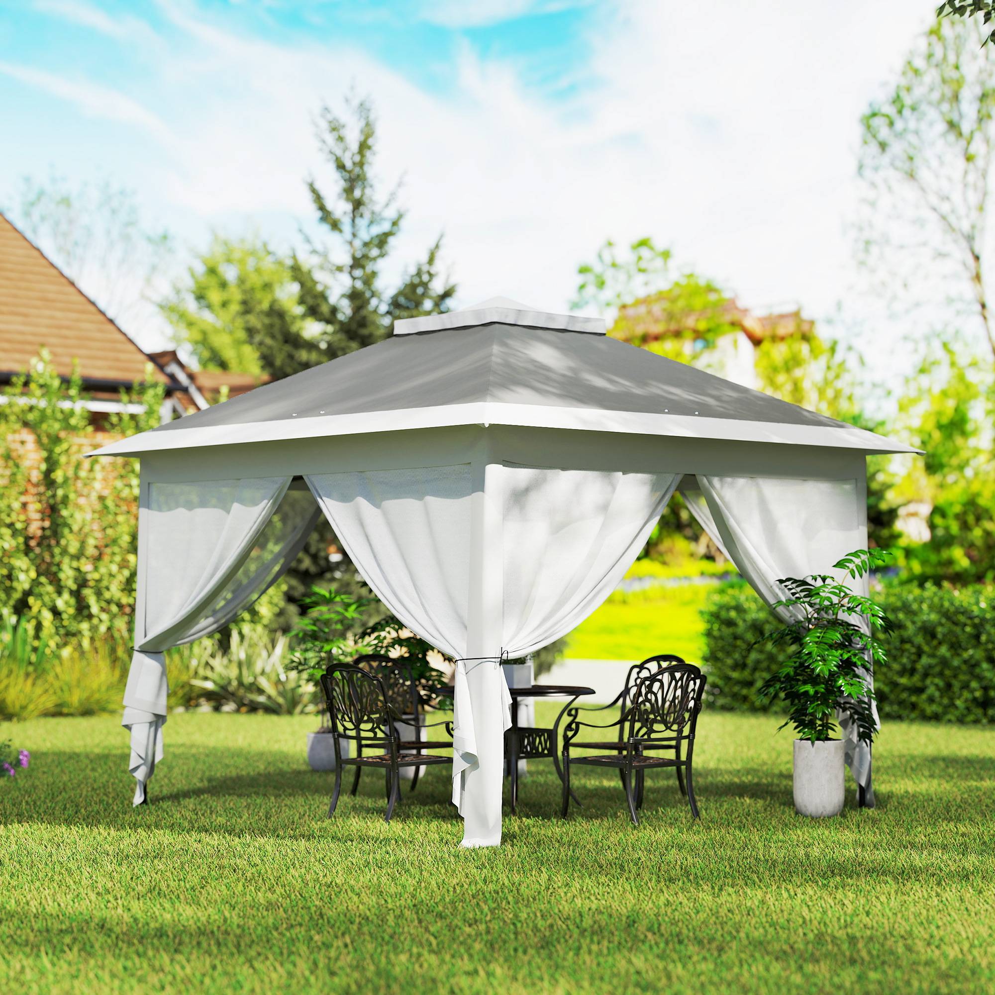 Tente grise anti-UV 3,3x3,3 m pop-up avec double toit et moustiquaires, abri design sobre pour extérieur pratique et protégé - Image 4
