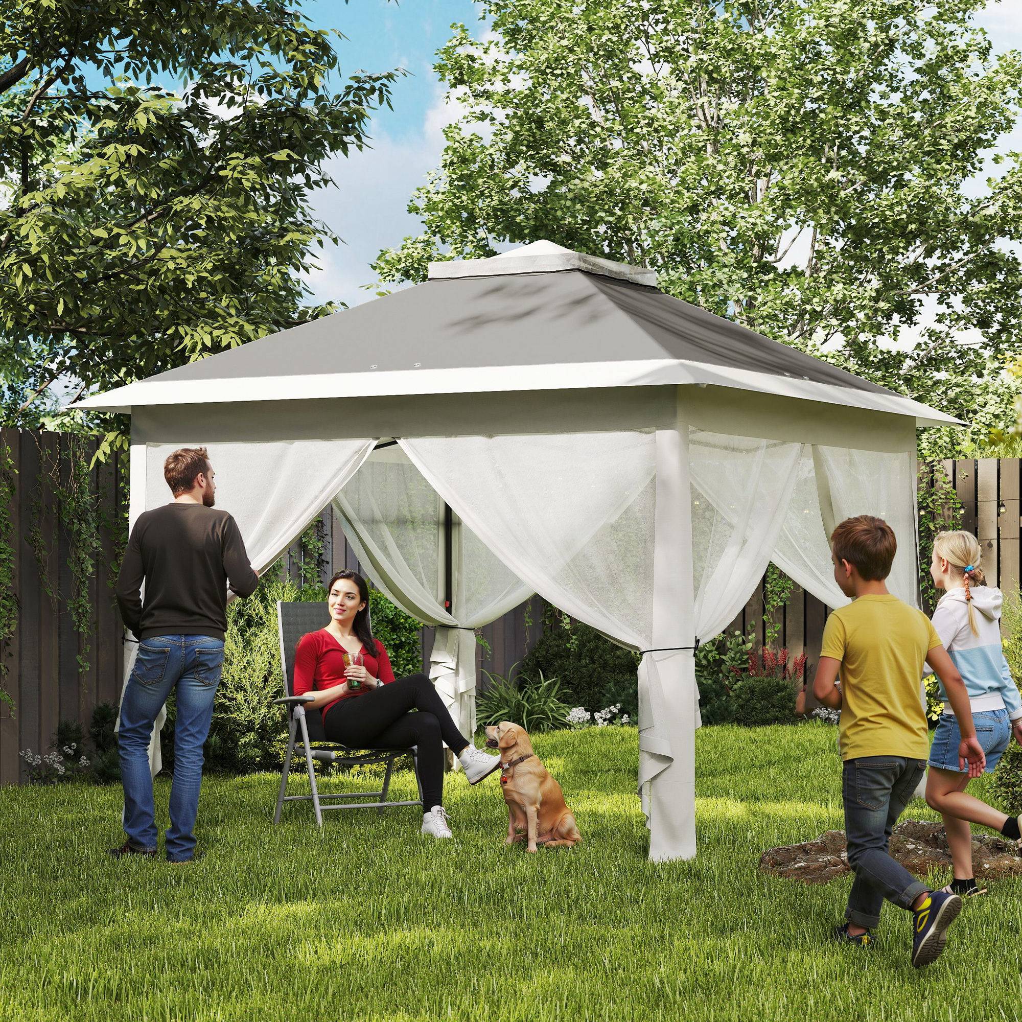 Tente grise anti-UV 3,3x3,3 m pop-up avec double toit et moustiquaires, abri design sobre pour extérieur pratique et protégé - Image 3