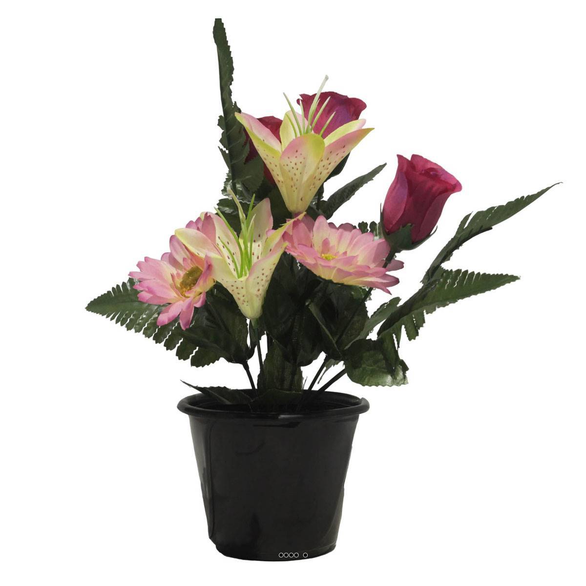 Pot pour la Toussaint de Boutons de Rose, Lys tigrés et gerberas artificiels pour la tombe Rose - couleur: Rose - Image 1
