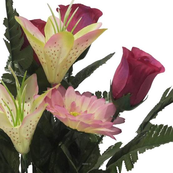 Pot pour la Toussaint de Boutons de Rose, Lys tigrés et gerberas artificiels pour la tombe Rose - couleur: Rose - Image 3