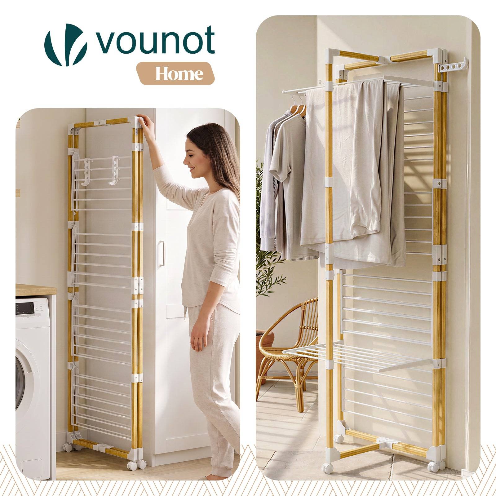 Vounot - Séchoir à linge tour pliable 99x69x175,5cm, Étendoir 4 niveaux grande capacité avec roulettes, 33m d’étendage, Blanc, VOUNOT® - Image 7