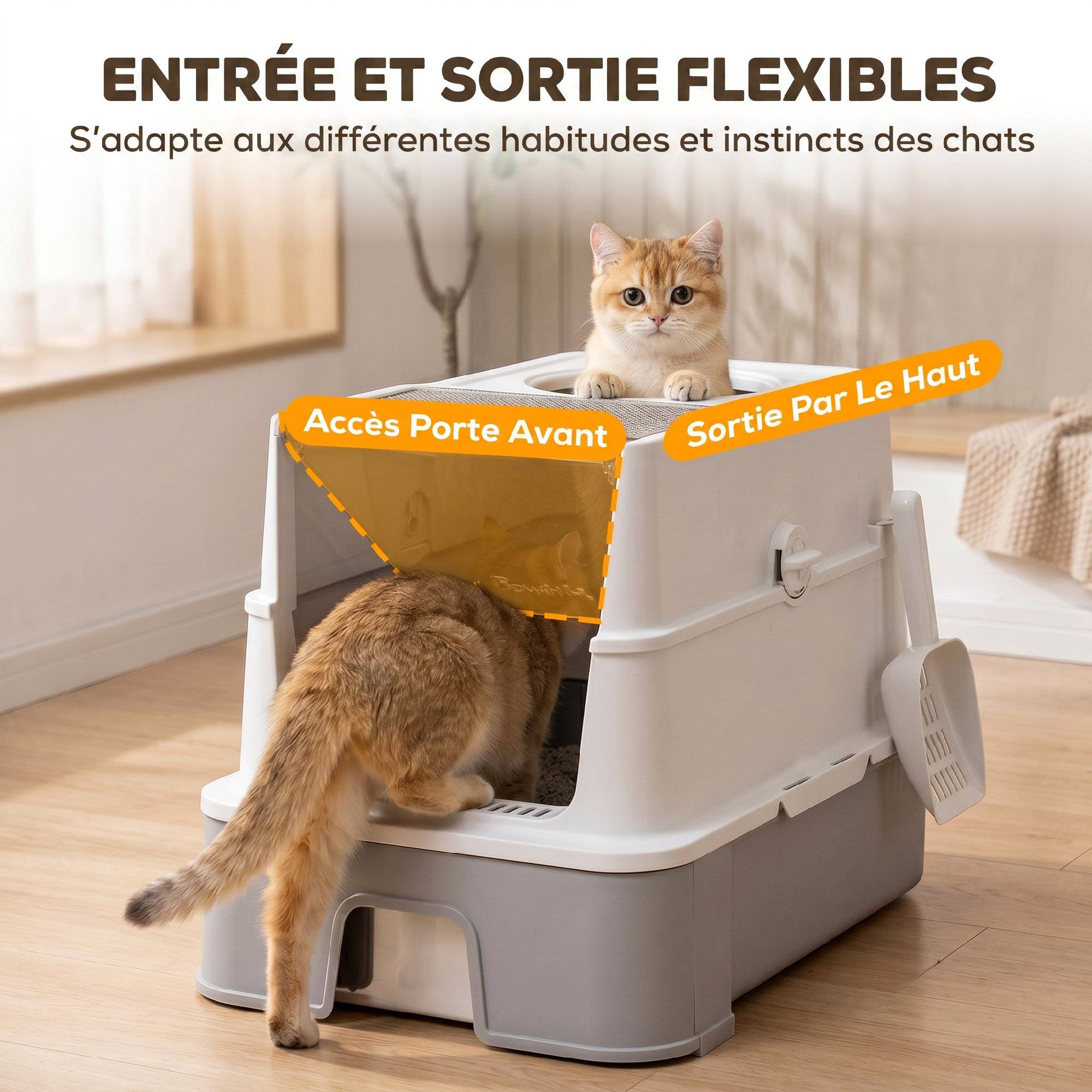 Bac à Litière pour Chat en Inox, Tiroir Coulissant, Couvercle Amovible, Pelle, Sacs Filtrants，Pédale, 60x40x45cm, Gris - Image 8