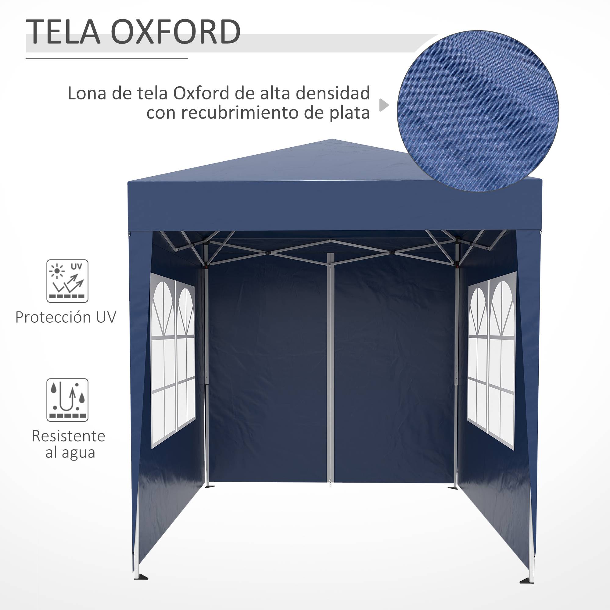 Tonnelle de jardin 2x2m avec 4 parois latérales en tissu Oxford, 2 portes, 2 fenêtres et sac de transport imperméable, bleue - Image 8