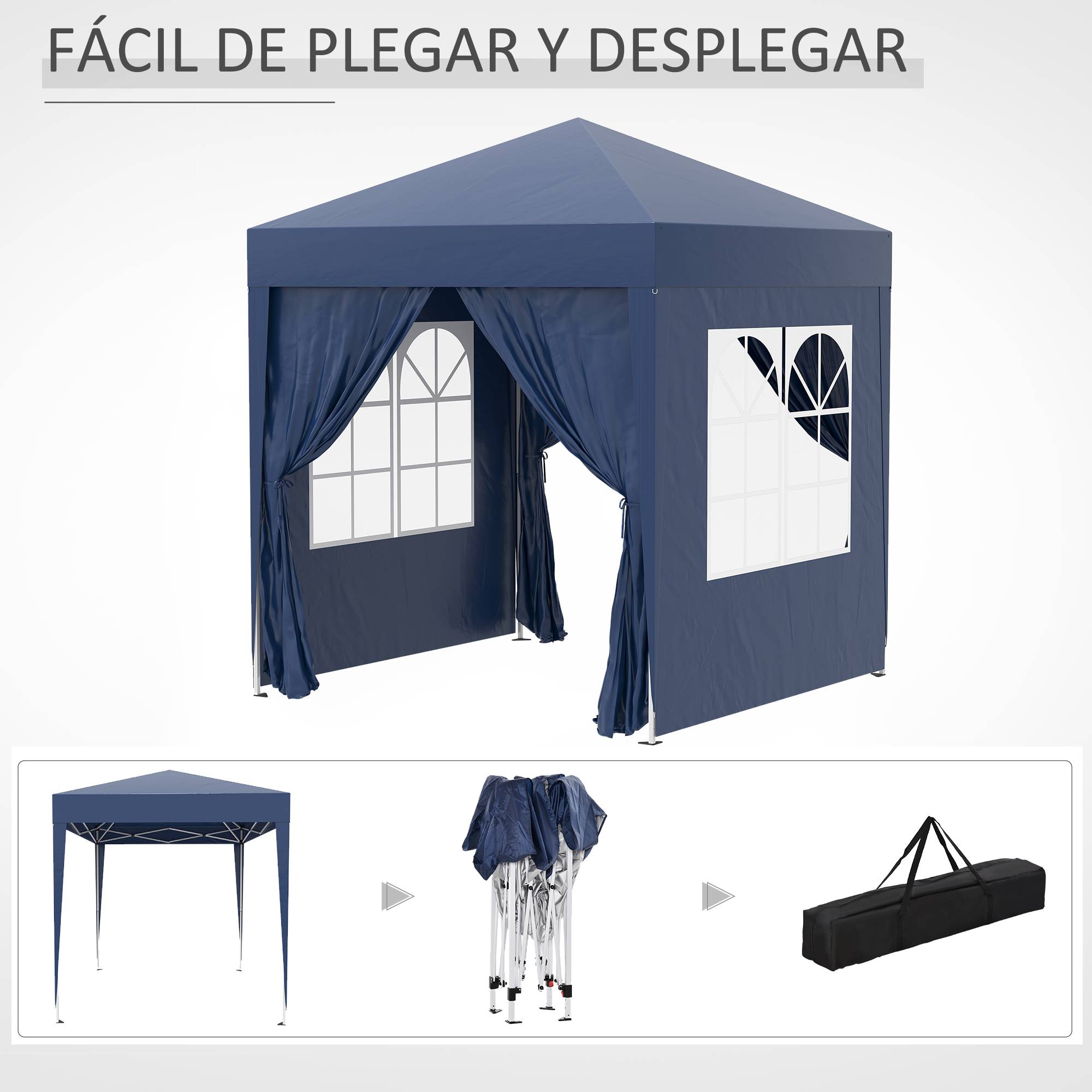 Tonnelle de jardin 2x2m avec 4 parois latérales en tissu Oxford, 2 portes, 2 fenêtres et sac de transport imperméable, bleue - Image 10