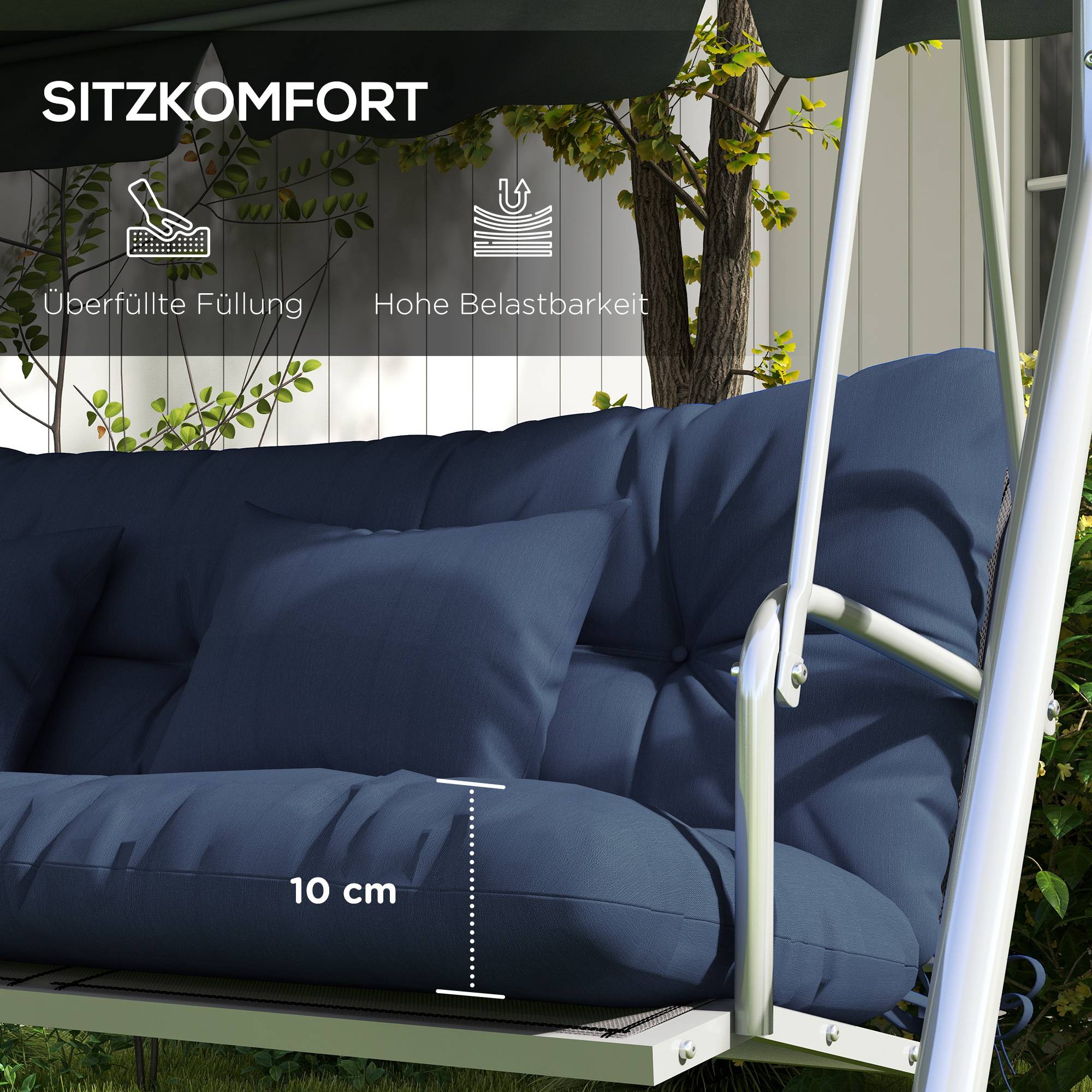 Ensemble de 4 coussins d'assise, 150 x 50 cm, coussins de chaise déperlants avec attaches, 10 cm d'épaisseur, bleu marine - Image 8