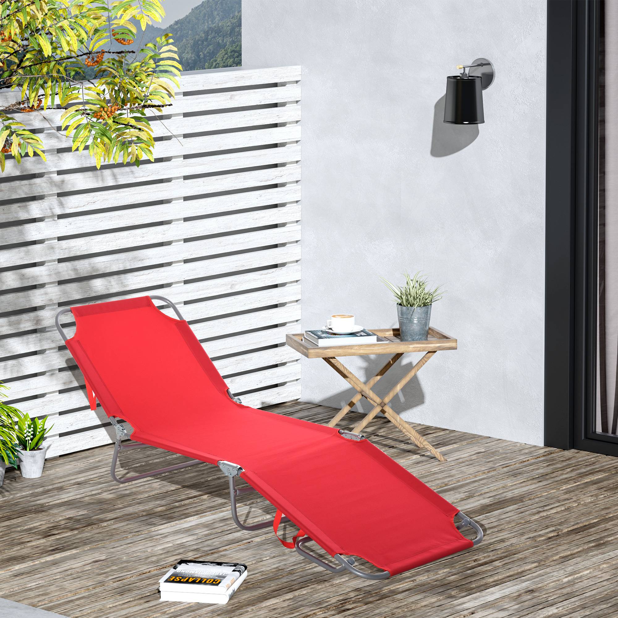 Bain de Soleil transat Pliable Dossier réglable Multipositions métal et Polyester Rouge fr121 - Image 4