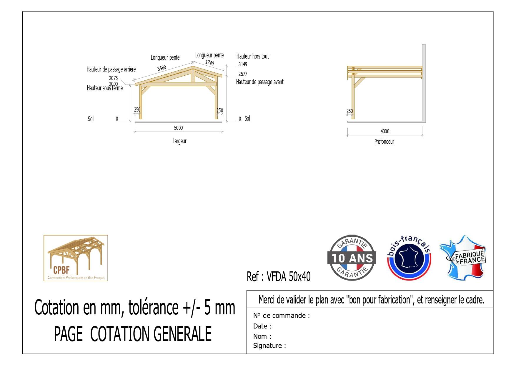 Cpbf Charpentes - Carport Bois Douglas Français 20 m² – 2 pentes faitage décalé adossé – 2 poteaux – Abri voiture extérieur – Garantie 10 ans - Image 3