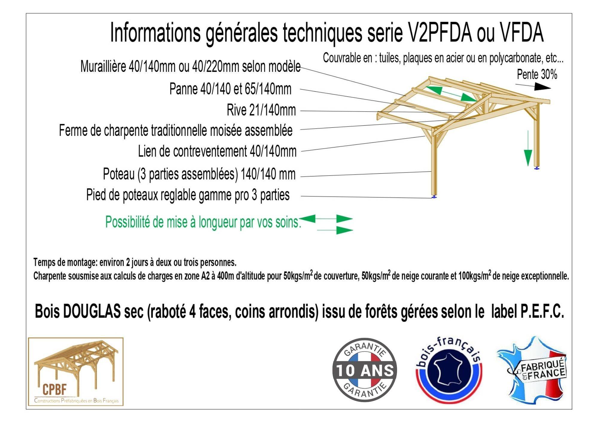 Cpbf Charpentes - Carport Bois Douglas Français 20 m² – 2 pentes faitage décalé adossé – 2 poteaux – Abri voiture extérieur – Garantie 10 ans - Image 4