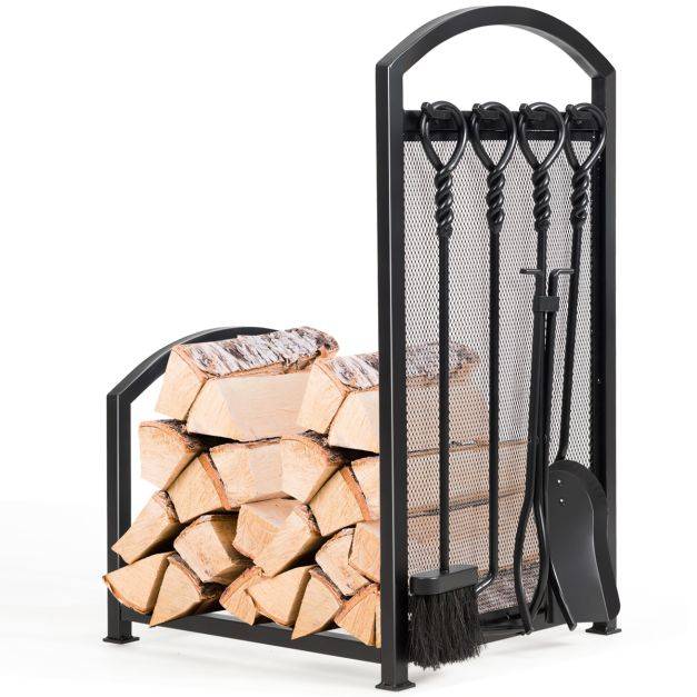 Helloshop26 - Porte-bûche en fer avec serviteurs de cheminée range-bûche avec pince brosse pelle tisonnier accroché sur panneau en maille fer noir - Image 1