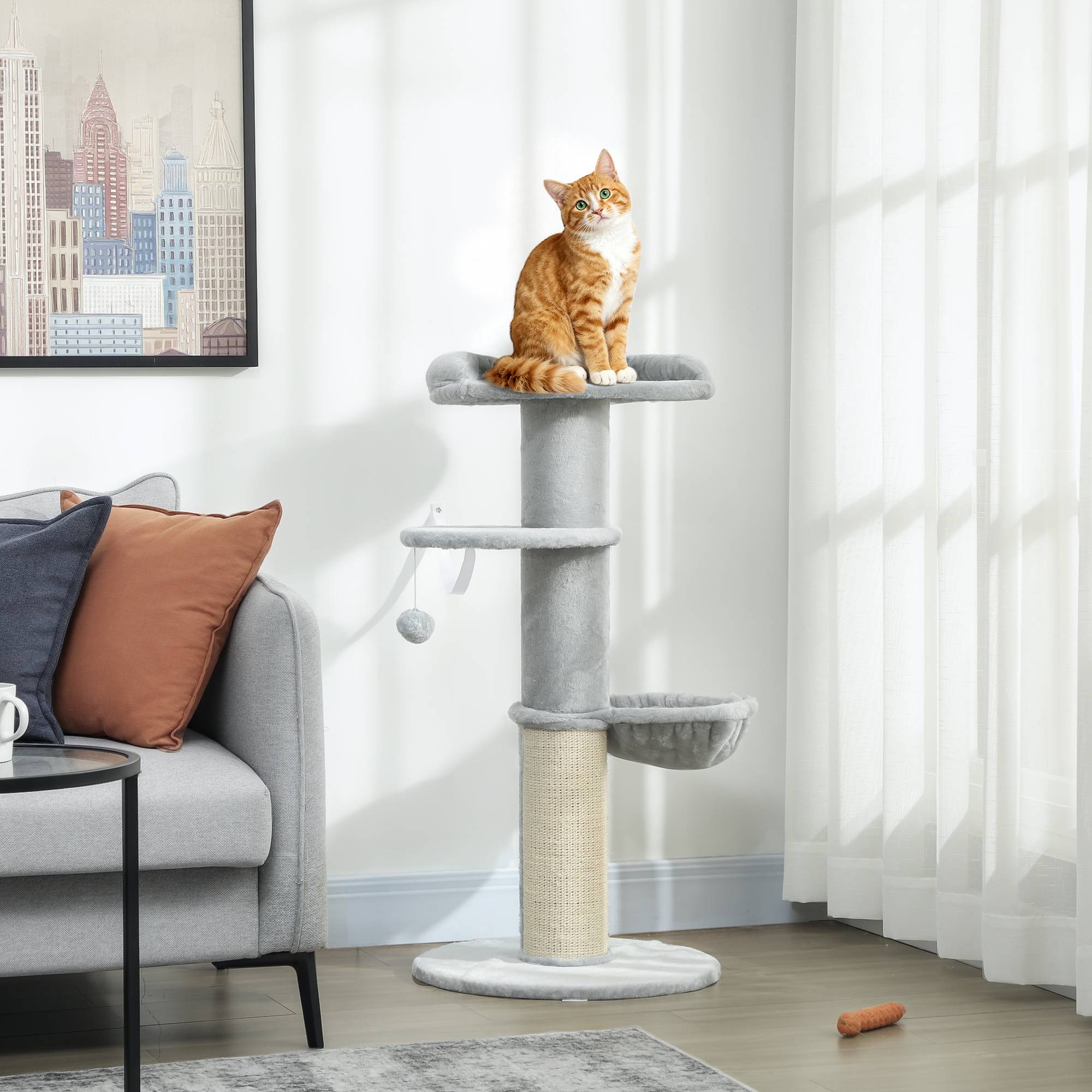 arbre à chat design tonneau poteau sisal hamac plateforme balle jouet Ø48x103,5 cm gris clair chat intérieur - Image 4