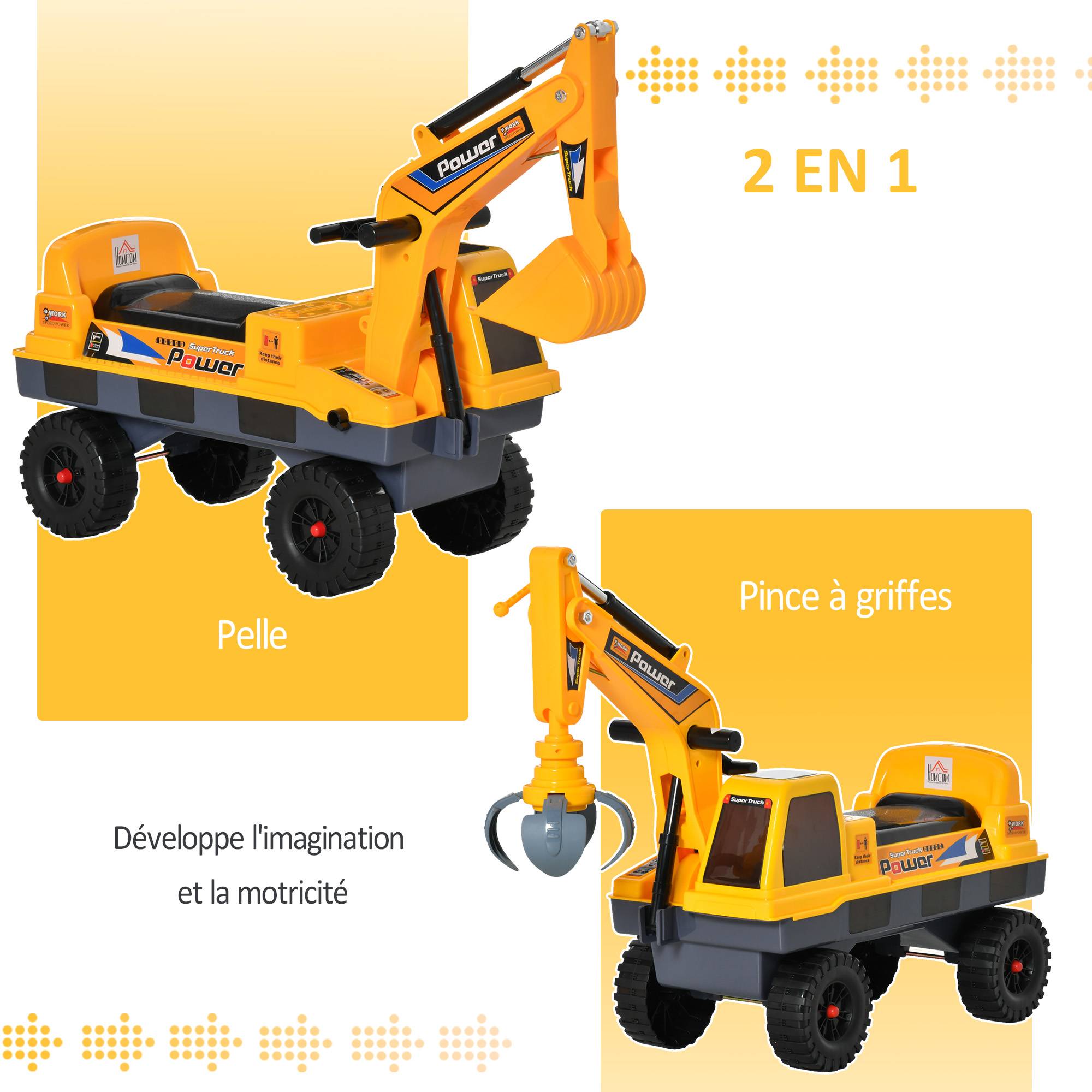 Porteur Enfant tractopelle 2-3 Ans Pelleteuse articulée avec Pince Incluse Effets sonores Lumineux PP Jaune - Image 7