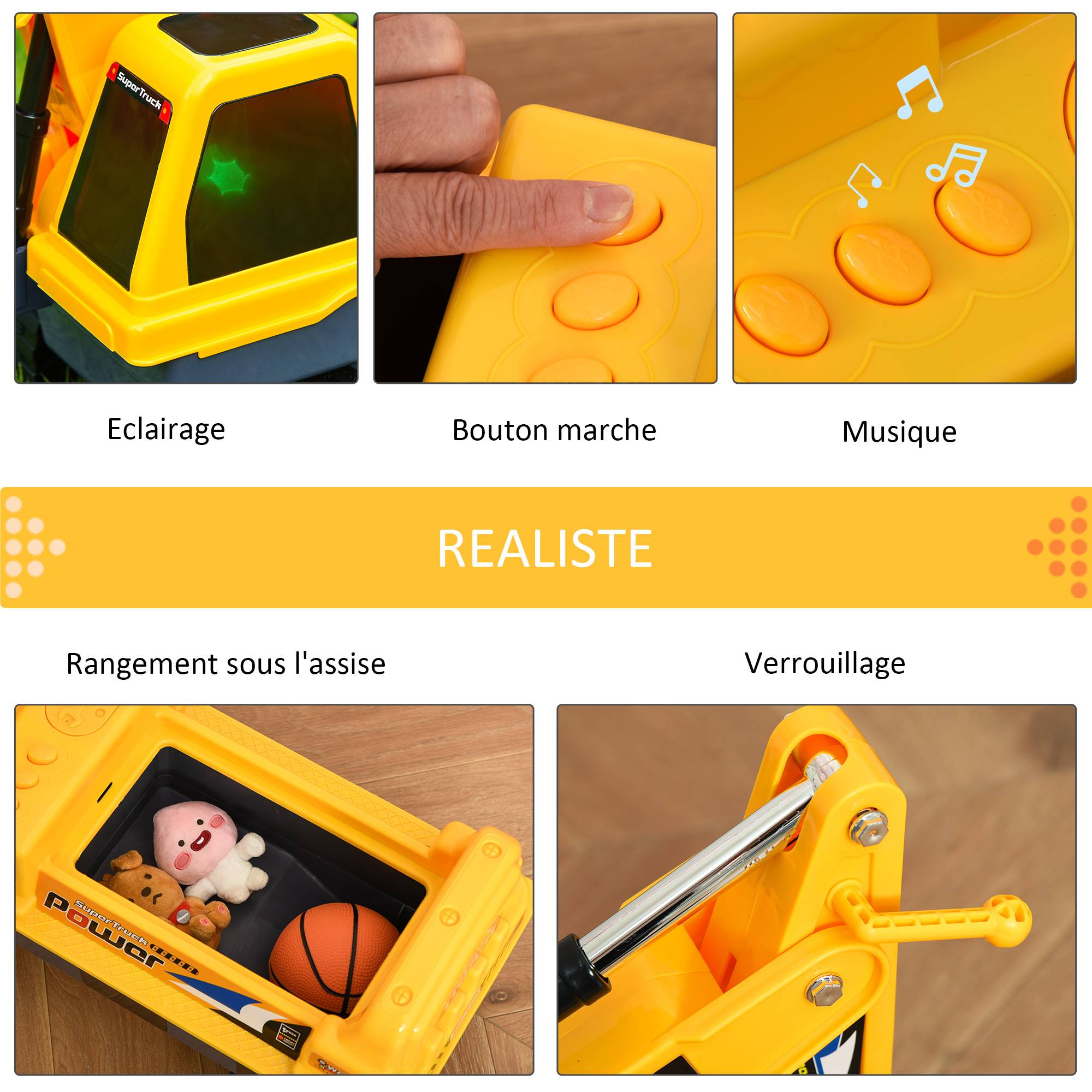 Porteur Enfant tractopelle 2-3 Ans Pelleteuse articulée avec Pince Incluse Effets sonores Lumineux PP Jaune - Image 9