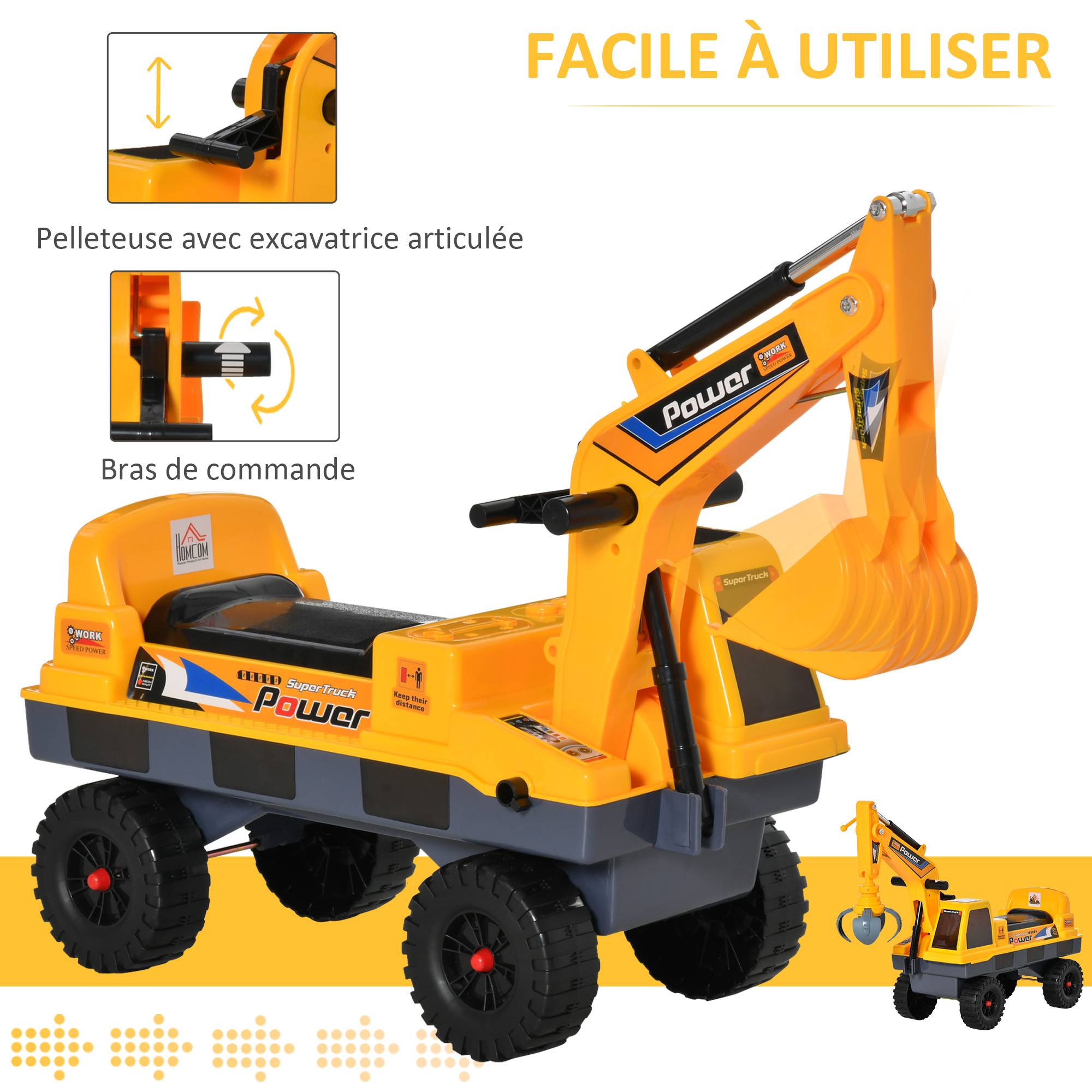 Porteur Enfant tractopelle 2-3 Ans Pelleteuse articulée avec Pince Incluse Effets sonores Lumineux PP Jaune - Image 6