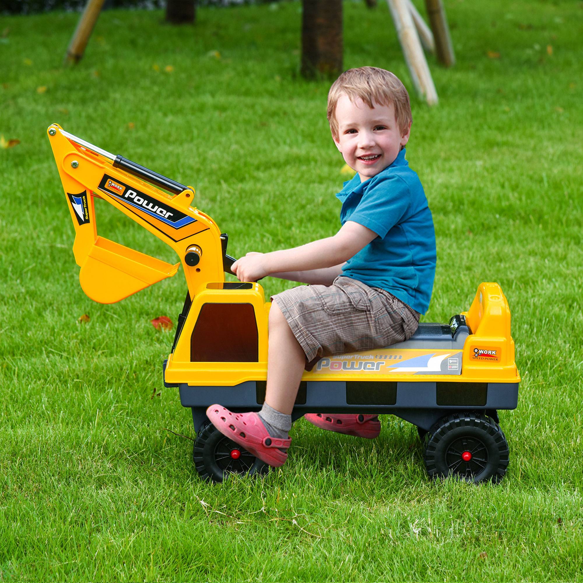 Porteur Enfant tractopelle 2-3 Ans Pelleteuse articulée avec Pince Incluse Effets sonores Lumineux PP Jaune - Image 3