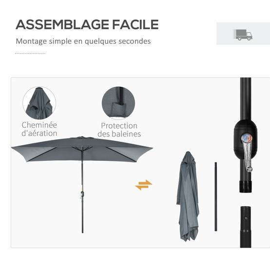 Parasol inclinable rectangulaire en aluminium et polyester gris foncé 294 x 198 x 255 cm - PANGIVO - Image 8