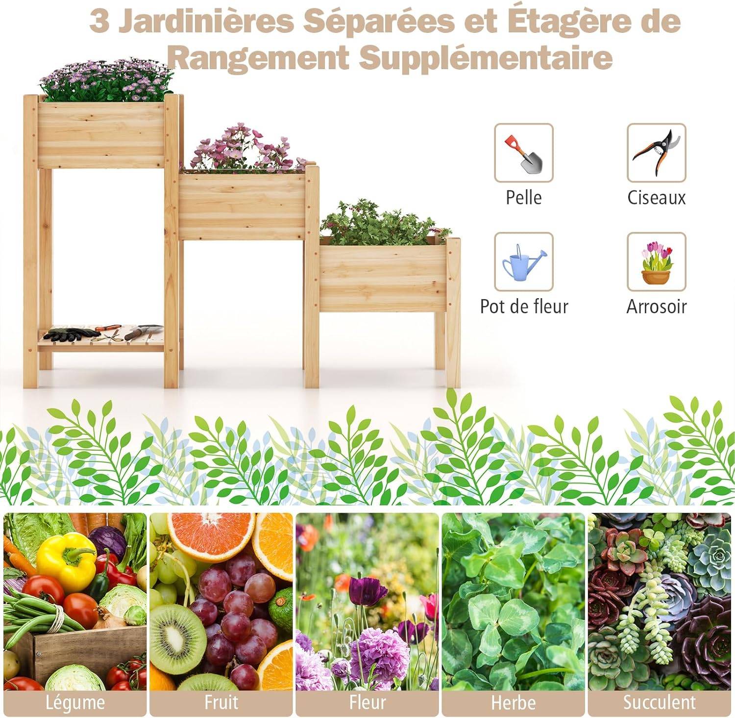 Jardinière sur Pieds en Bois à 3 Niveaux, Lit de Jardin Surélevé avec Étagère (161 x 43 x 104 cm) - Image 8
