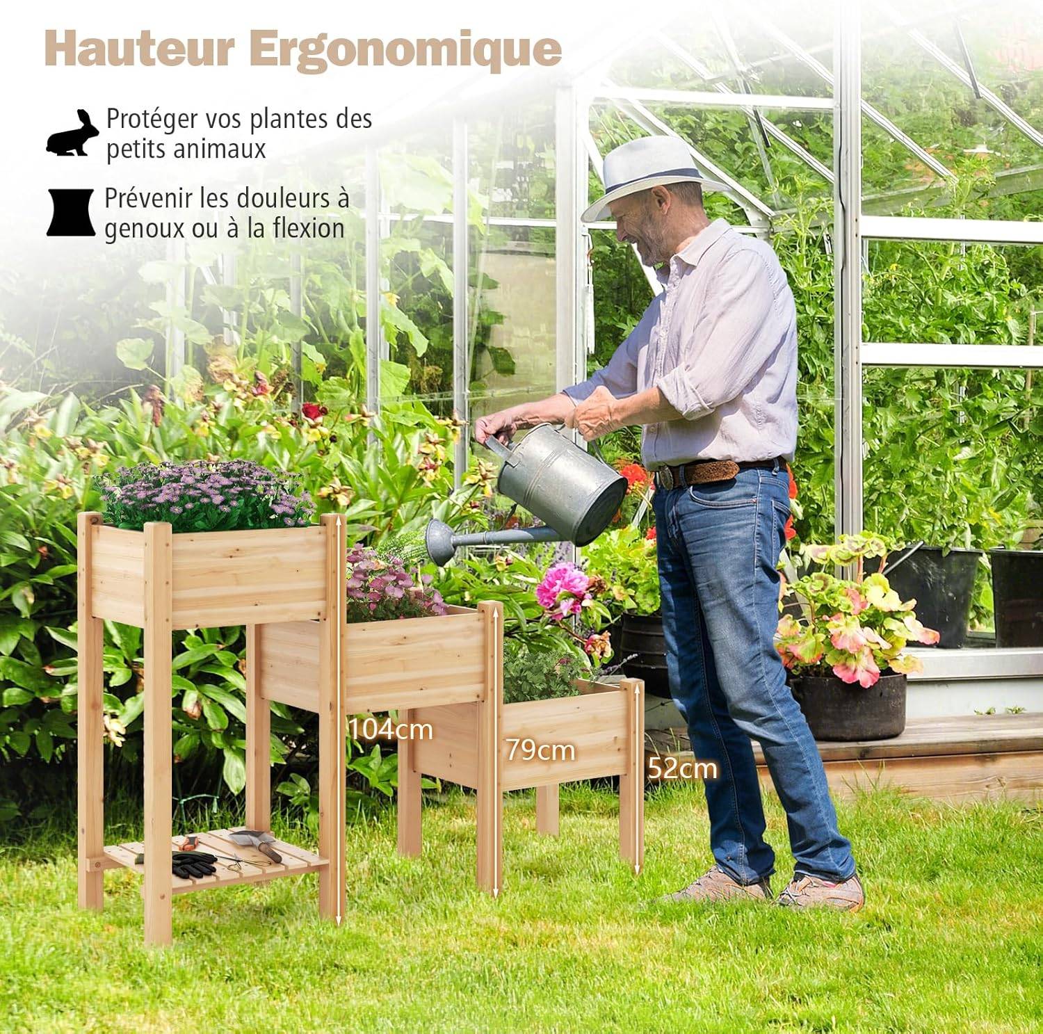 Jardinière sur Pieds en Bois à 3 Niveaux, Lit de Jardin Surélevé avec Étagère (161 x 43 x 104 cm) - Image 7