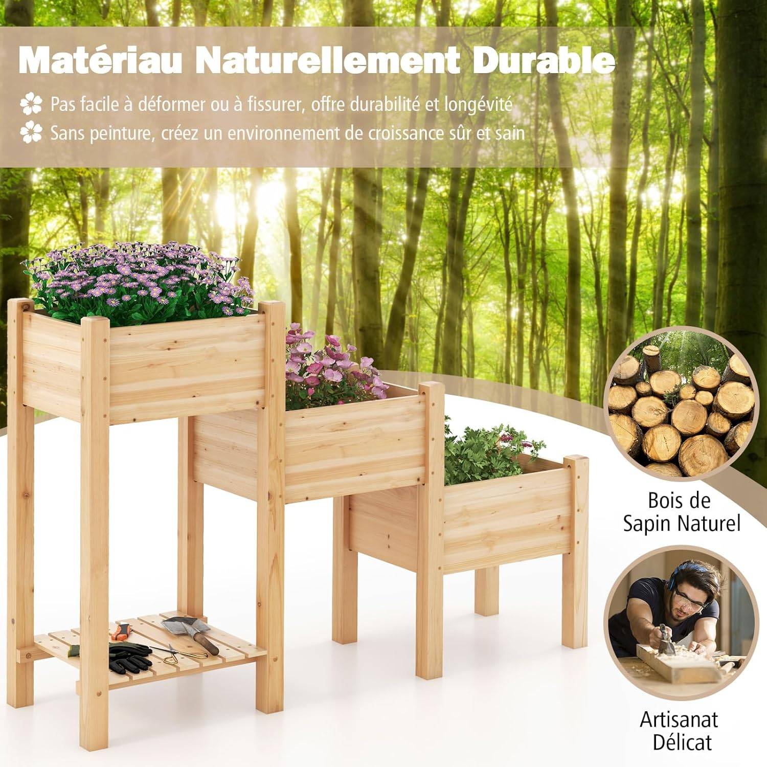 Jardinière sur Pieds en Bois à 3 Niveaux, Lit de Jardin Surélevé avec Étagère (161 x 43 x 104 cm) - Image 6