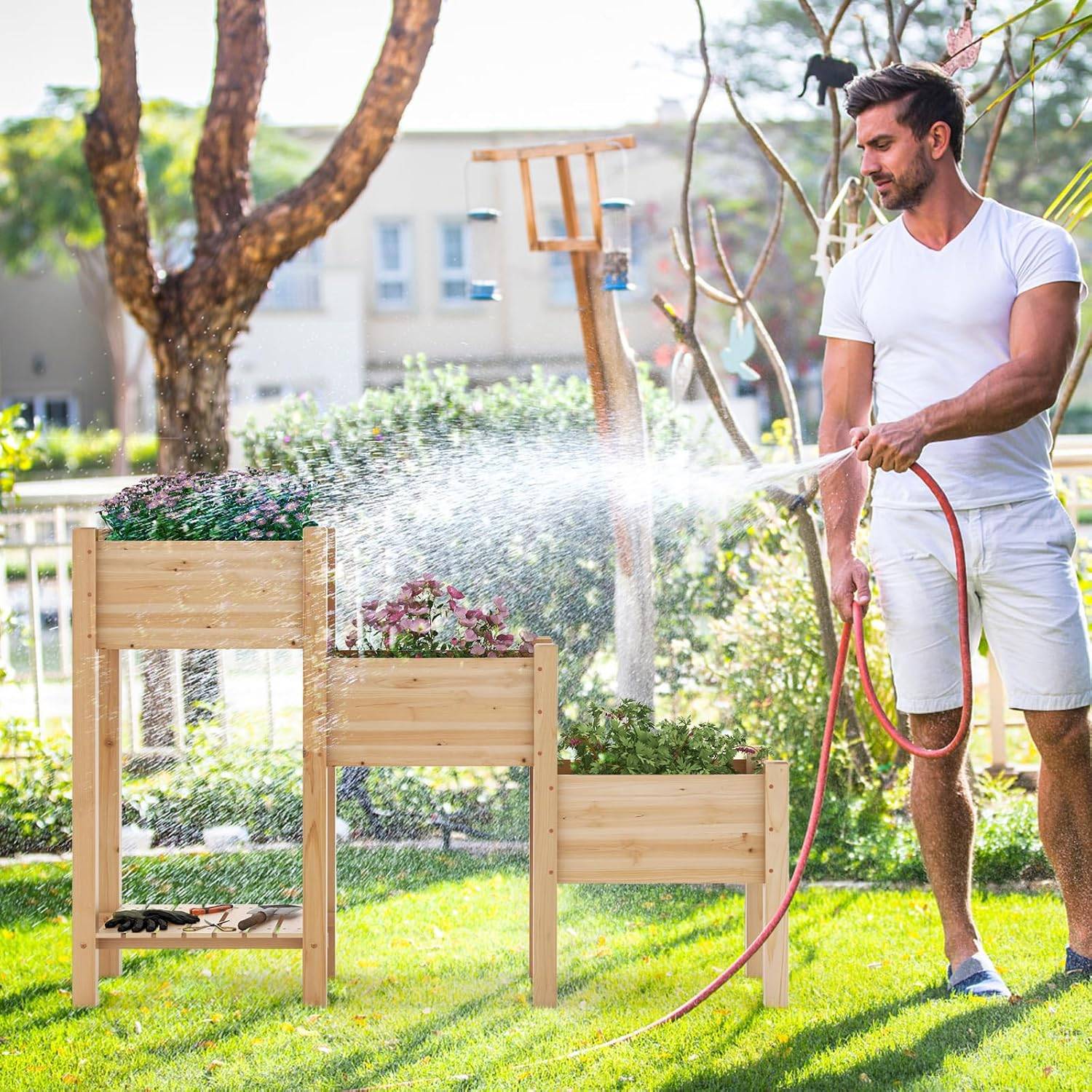 Jardinière sur Pieds en Bois à 3 Niveaux, Lit de Jardin Surélevé avec Étagère (161 x 43 x 104 cm) - Image 3