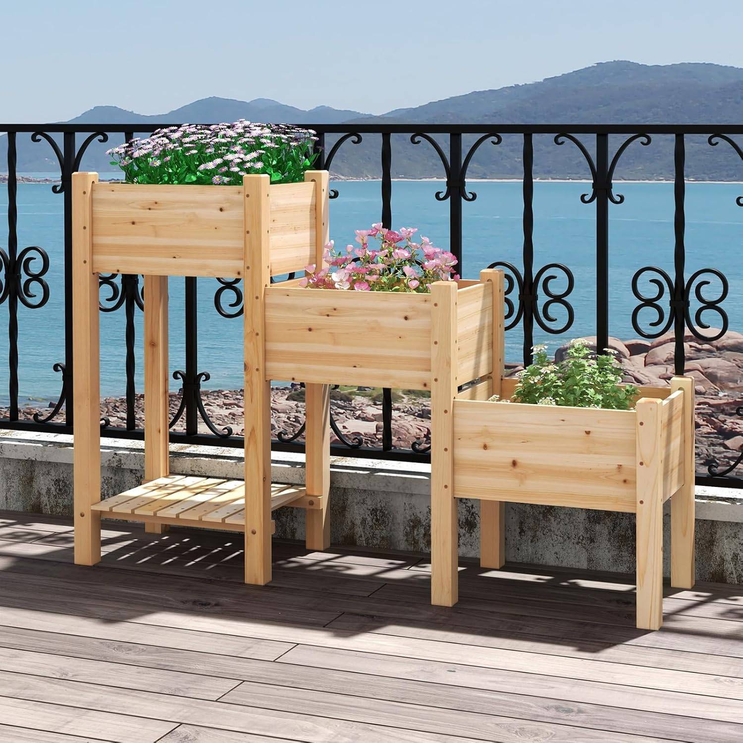 Jardinière sur Pieds en Bois à 3 Niveaux, Lit de Jardin Surélevé avec Étagère (161 x 43 x 104 cm) - Image 2