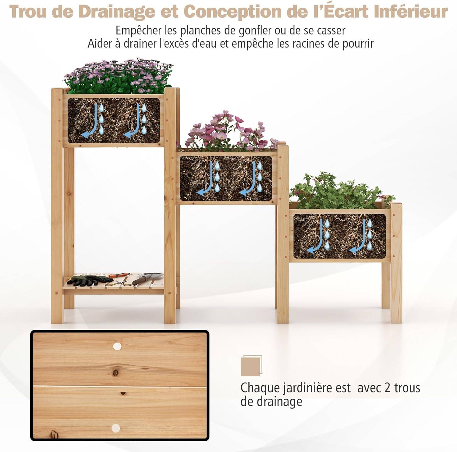 Jardinière sur Pieds en Bois à 3 Niveaux, Lit de Jardin Surélevé avec Étagère (161 x 43 x 104 cm) - Image 5